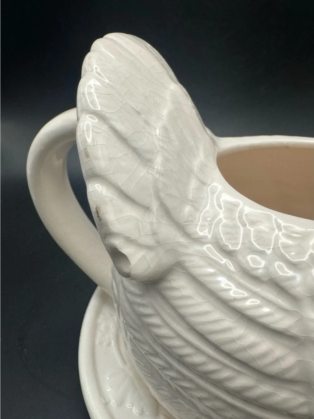 Vintage Cream Ceramic Turkey Gravy Boat with Saucer/Drip Plate, Thanksgiving